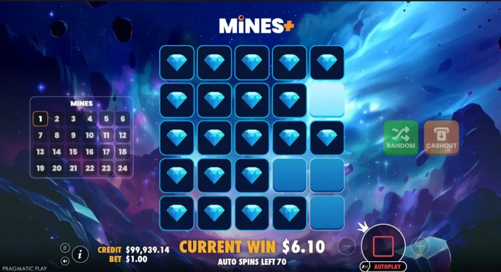 Tablero 5×5 de Mines+ con casillas cerradas